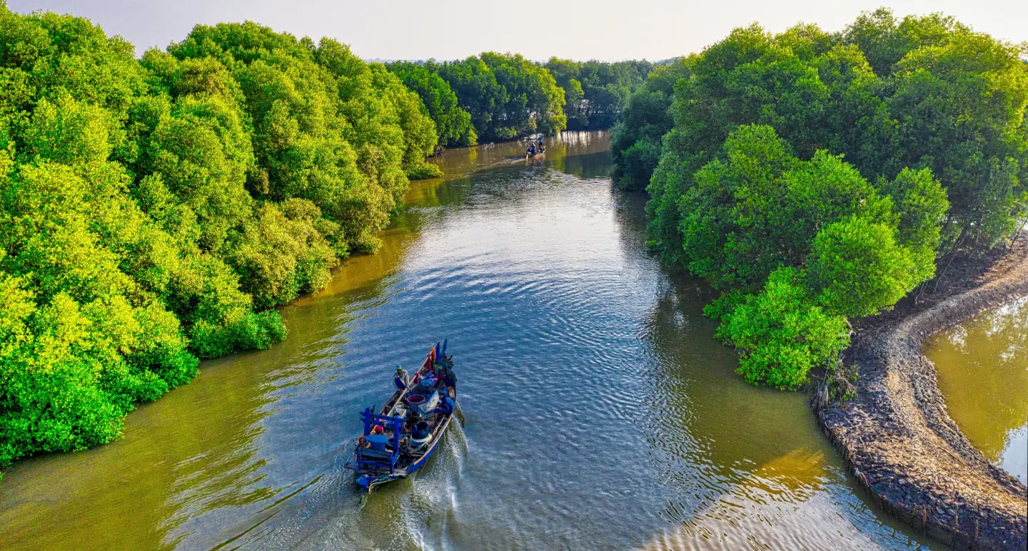 Two tradional boats sailing in a river surrounded by green tree carrying various fishing equipment